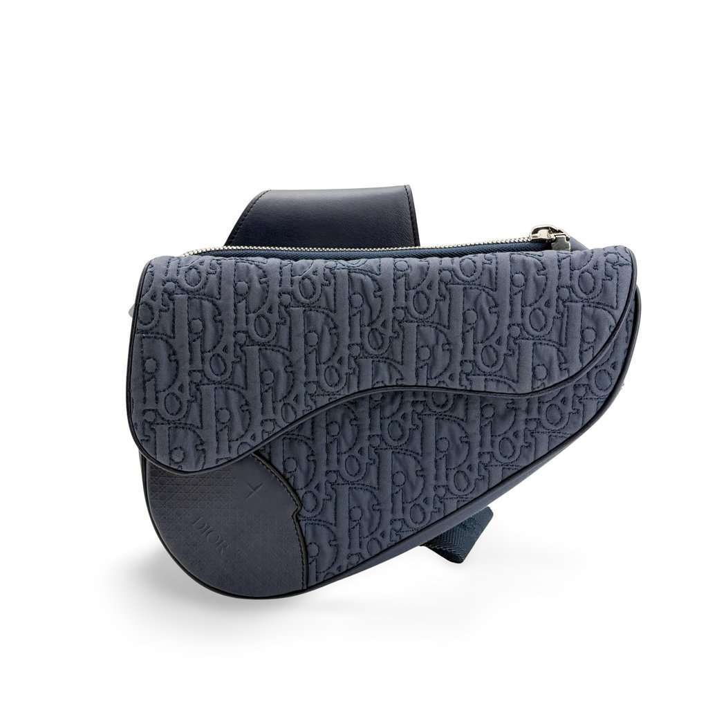 Dior Saddle Bag Navy Oblique Technical Fabric Blue Leather Very good - Front View