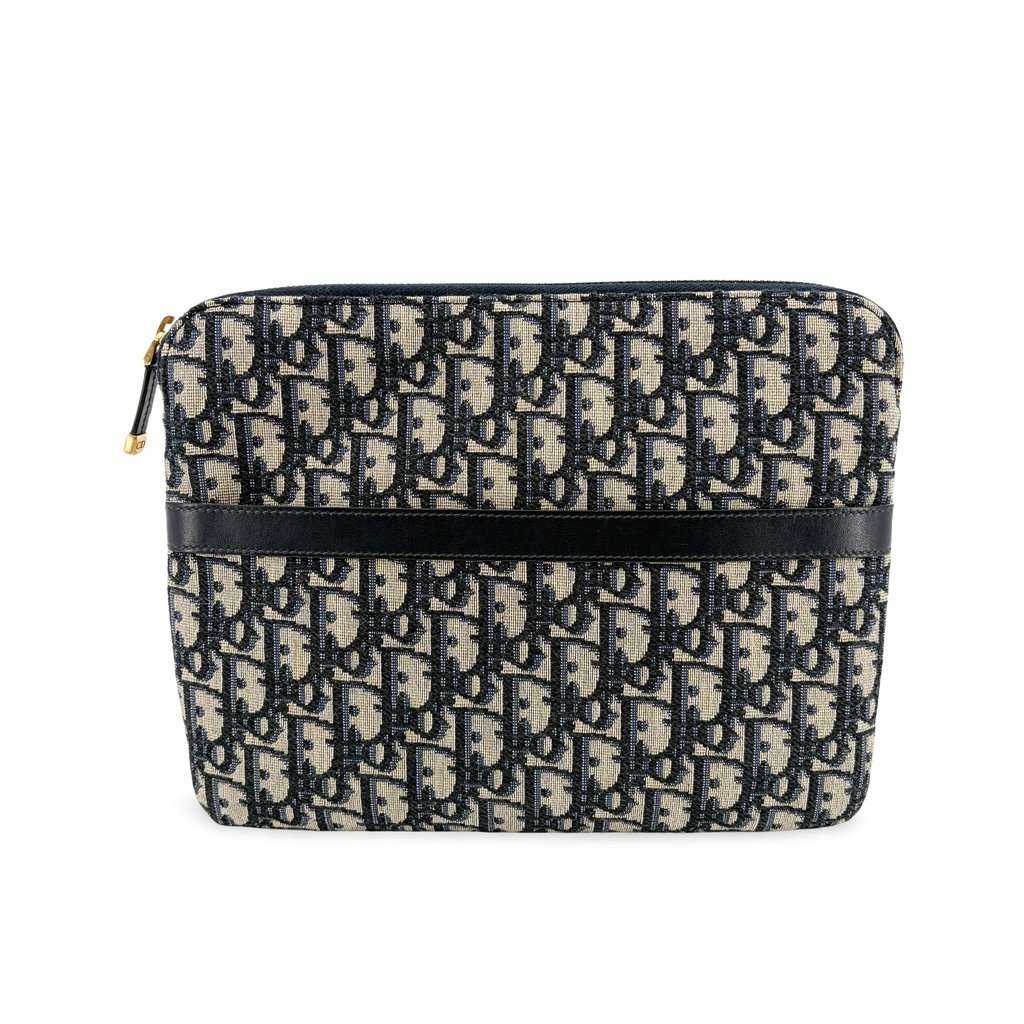 Dior Oblique Jacquard Zipped Pouch Navy Beige Canvas Good - Front View