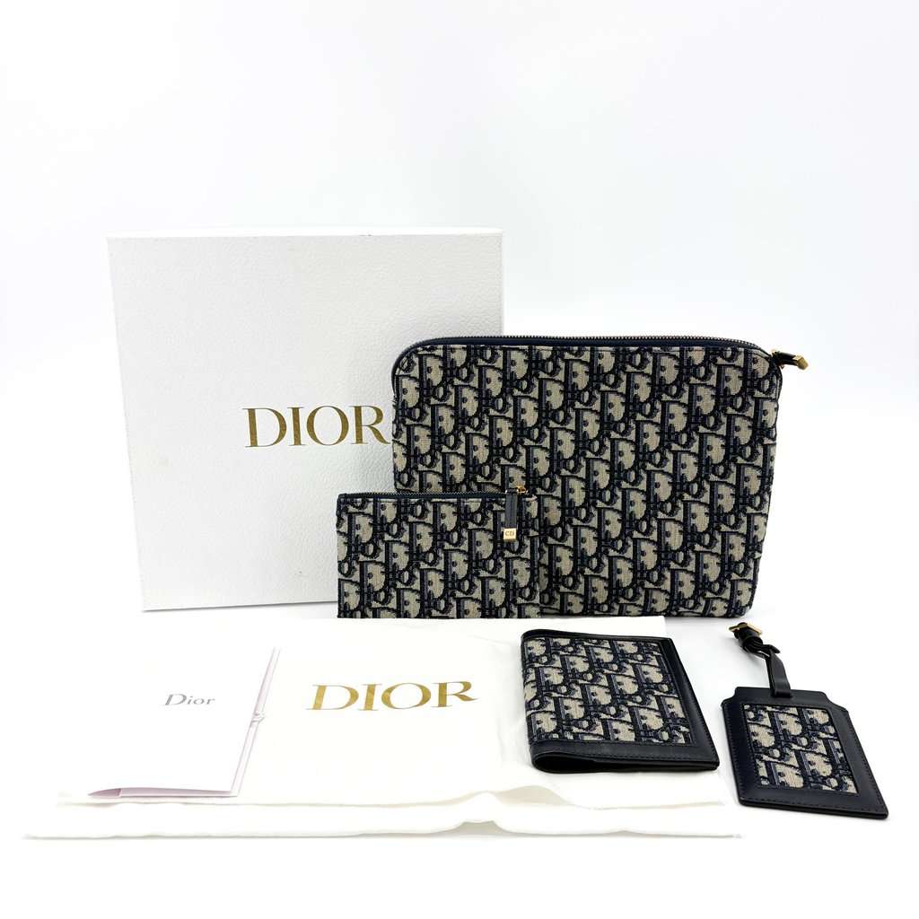 Dior Oblique Jacquard Zipped Pouch Navy Beige Canvas Good - Back View