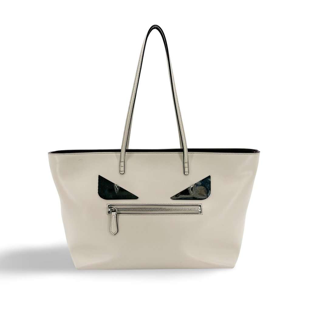 Fendi Monster Eyes Roll Tote Bag Ivory Silver Leather Good - Front View