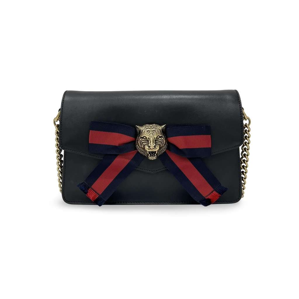 Gucci Broadway Sylvie Bag (Ribbon and Tiger Brooch) Black Leather Good - Front View