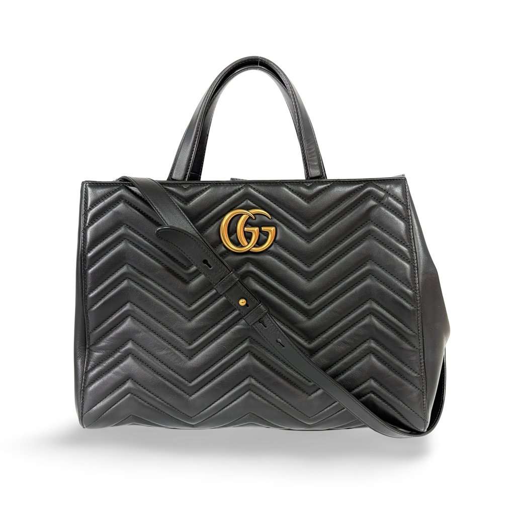 Gucci GG Marmont Small Matelassé Tote Bag Black Black Leather Good - Front View