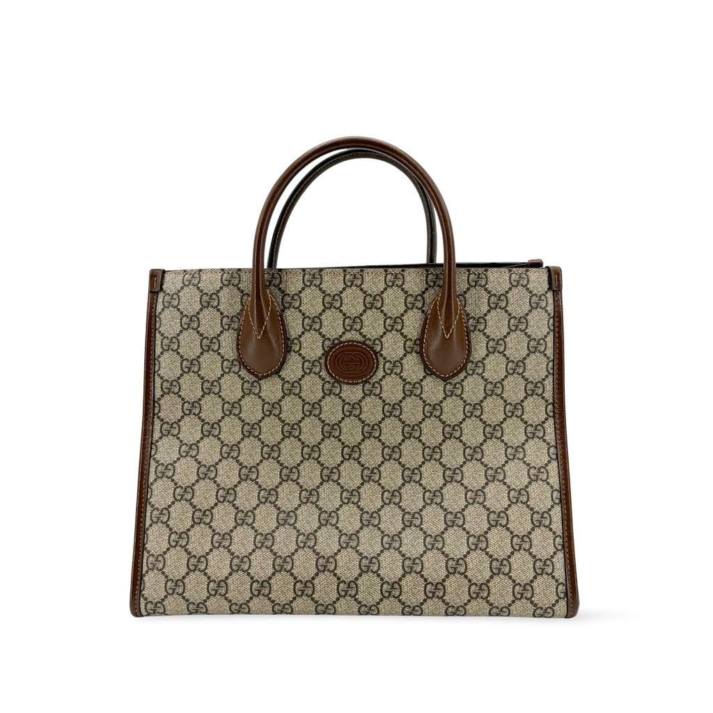 Gucci Interlocking G Medium Tote Bag Beige Brown MultiColor Canvas Good - Front View