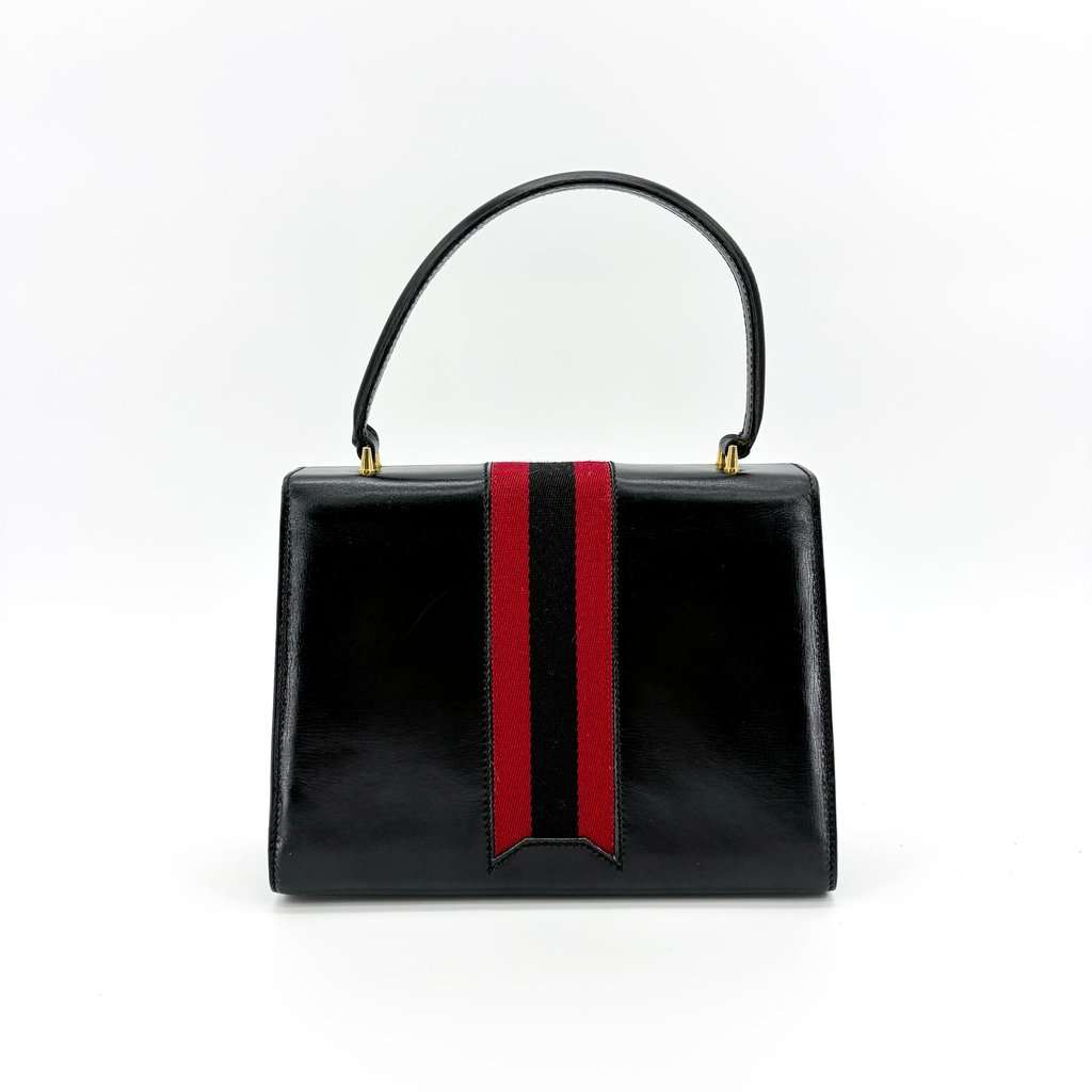 Gucci Vintage Black Leather Web Stripe Top Handle Bag MultiColor Leather Good - Inside View