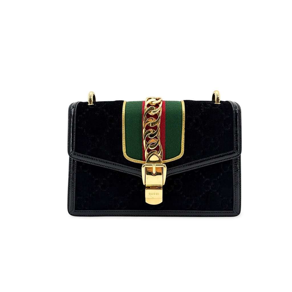 Gucci Mini Sylvie GG Velvet Shoulder Bag Black MultiColor Velvet Very good - Front View