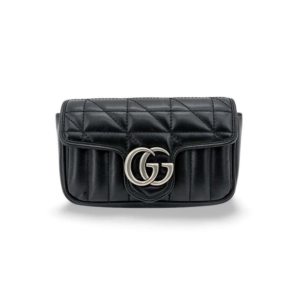 Gucci GG Marmont Matelassé Super Mini Bag Black Silver Black Leather Very good - Front View