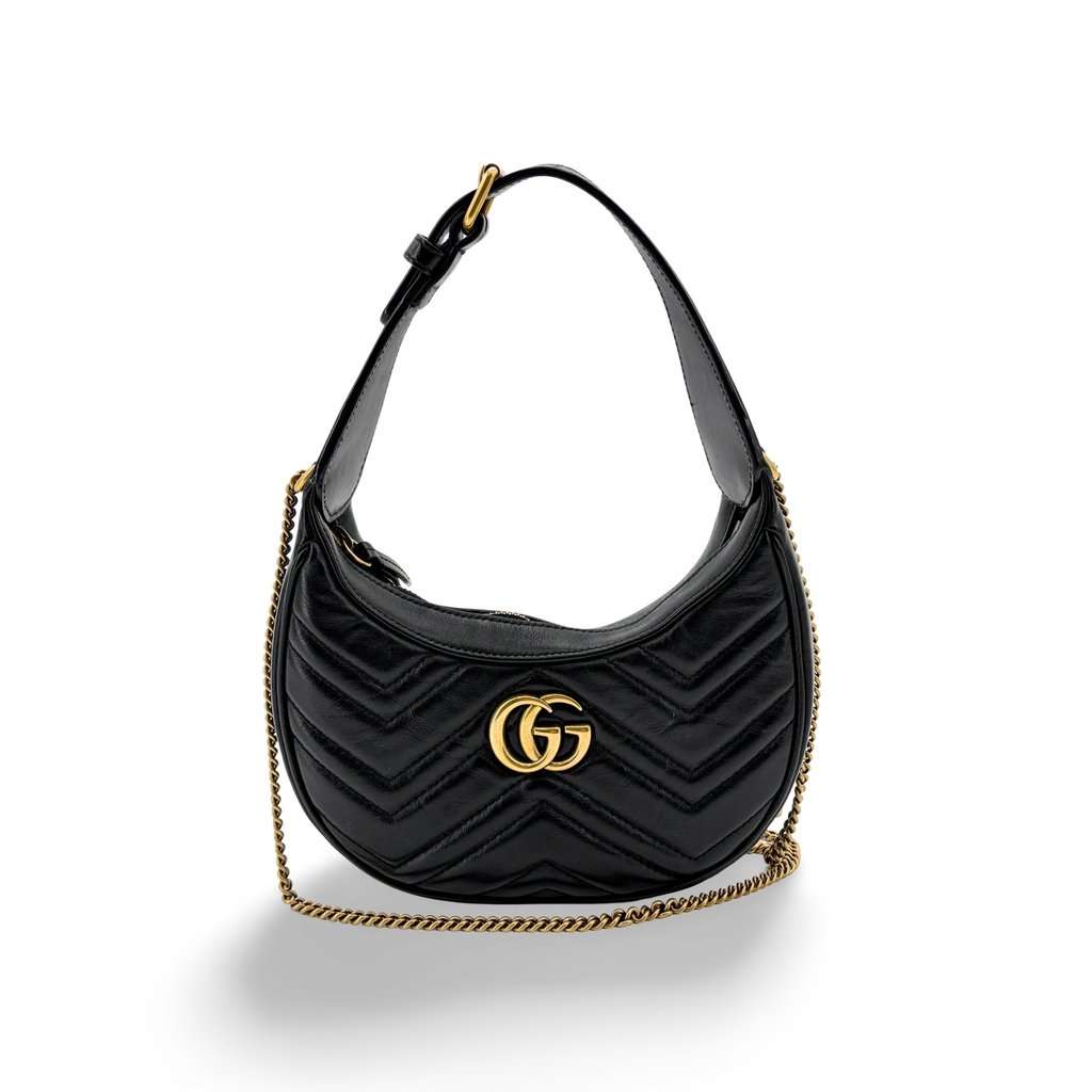 Gucci GG Marmont Half Moon Shape Mini Shoulder Bag Black Black Leather Very good - Front View