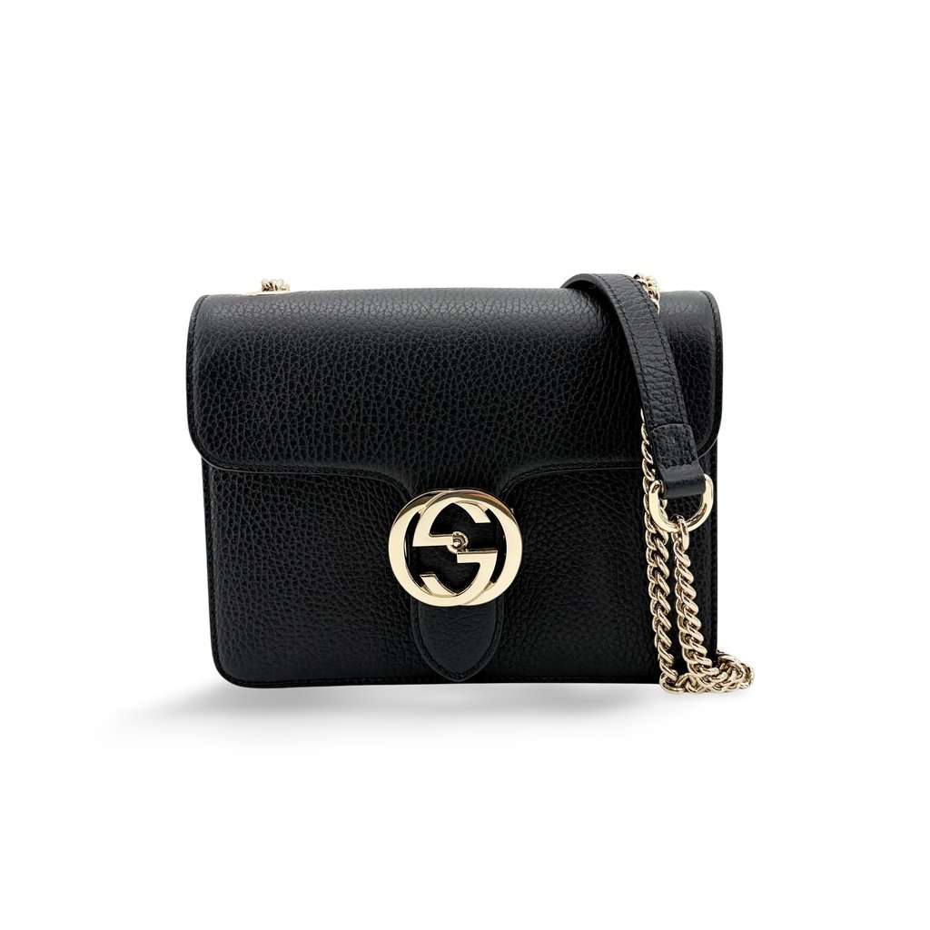 Gucci Interlocking G Mini Chain Shoulder Bag Black Gold Hardware Black Leather Good - Front View