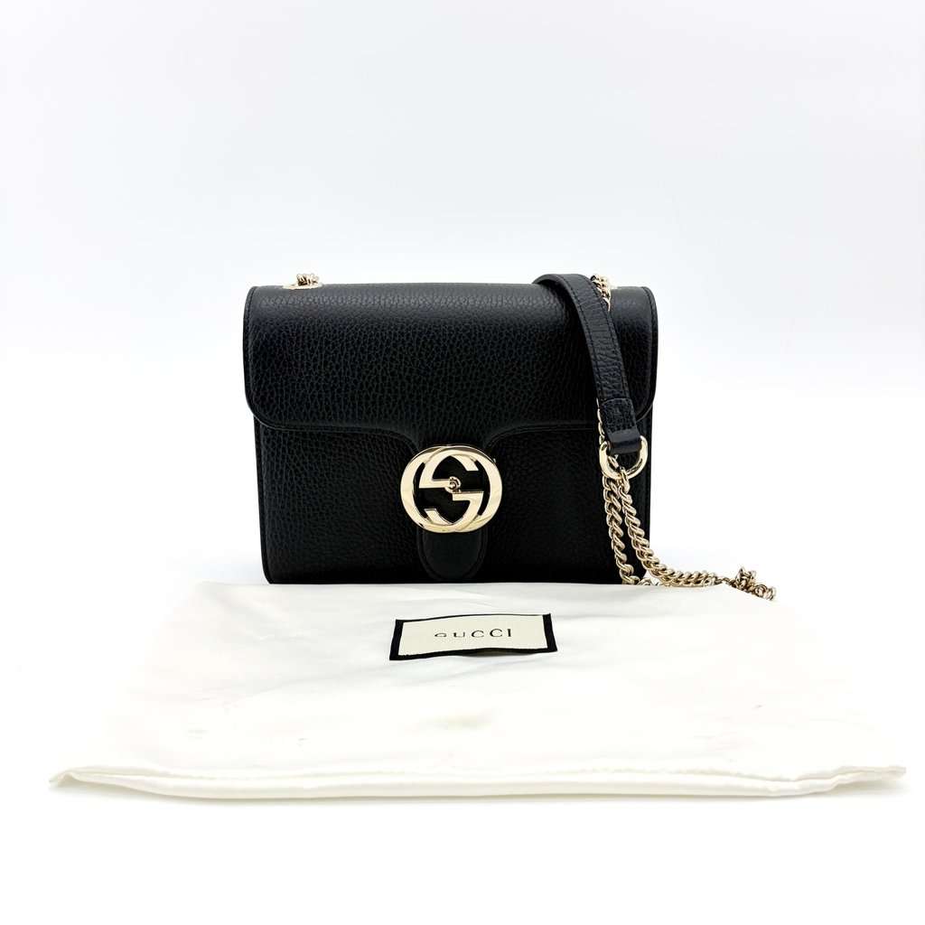 Gucci Interlocking G Mini Chain Shoulder Bag Black Gold Hardware Black Leather Good - Back View
