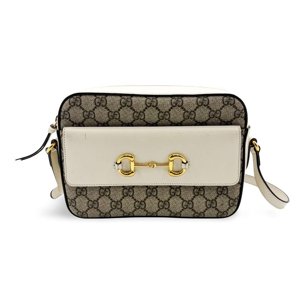 Gucci Horsebit 1955 Small Shoulder Bag White GG Supreme Beige Canvas Very good - Front View