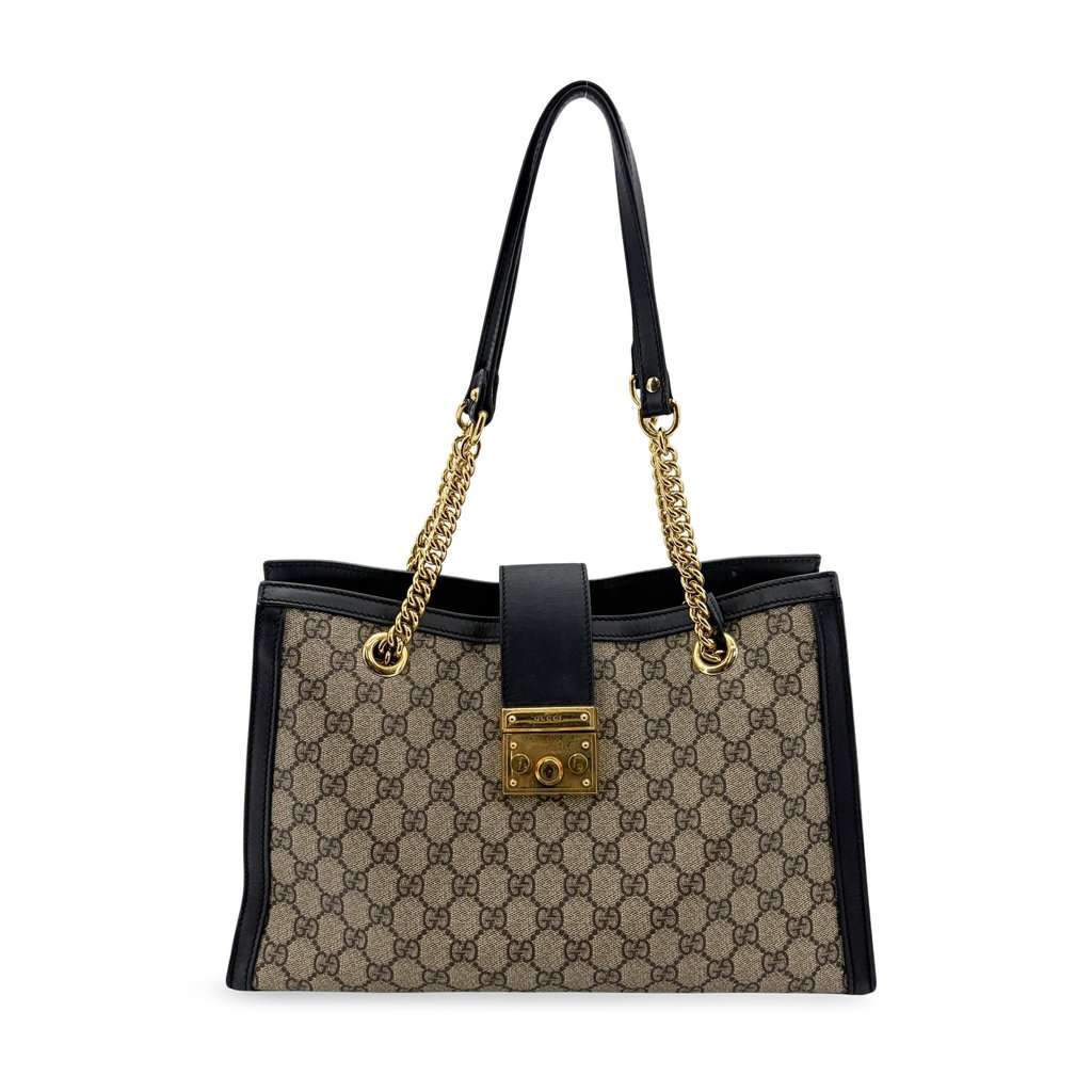 Gucci Padlock GG Supreme Medium Shoulder Bag Black Beige Canvas Good - Front View