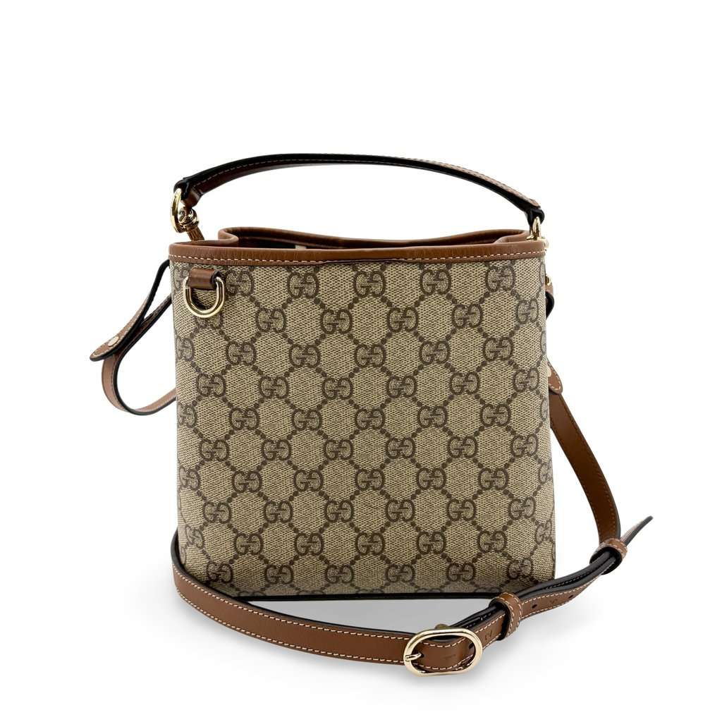 Gucci Ophidia GG Small Bucket Bag Brown Beige Canvas Good - Front View