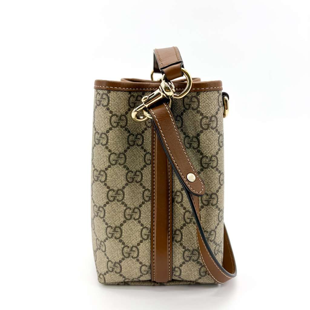 Gucci Ophidia GG Small Bucket Bag Brown Beige Canvas Good - Model View