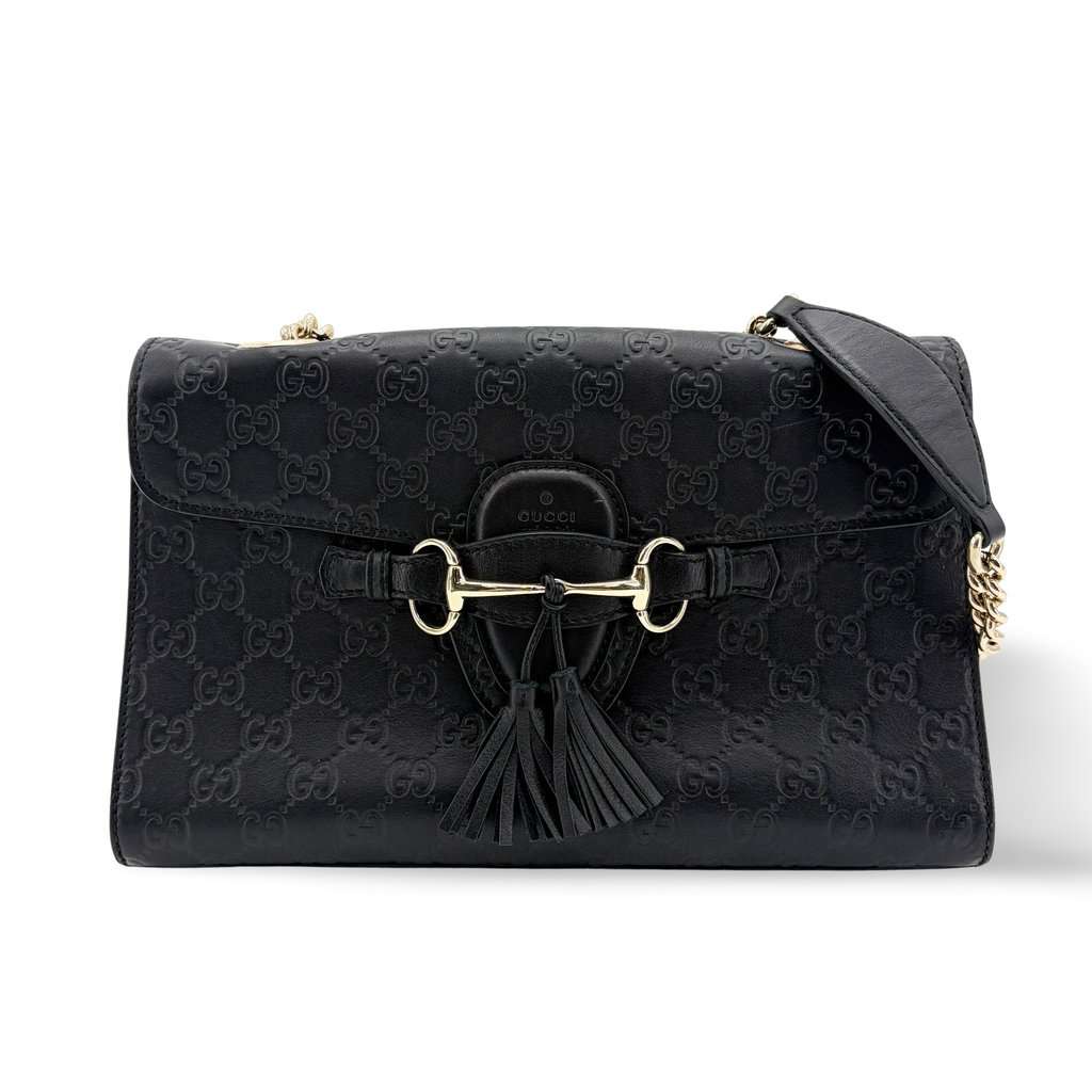 Gucci Guccisima Leather Horsebit Tassel Shoulder Bag Black Black Leather Good - Front View