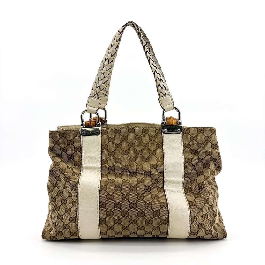 Gucci GG Canvas Bamboo Tote Bag White Beige Canvas Fair - Back View