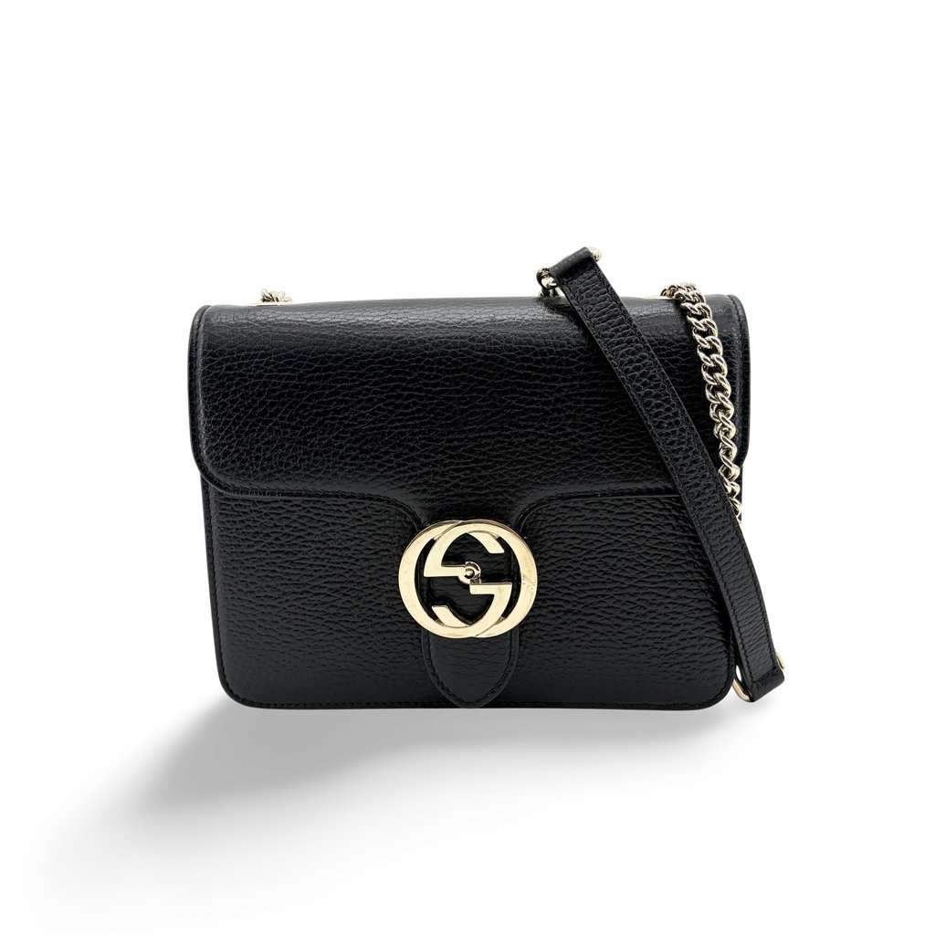 Gucci Interlocking G Small Shoulder Bag Black Black Leather Good - Front View