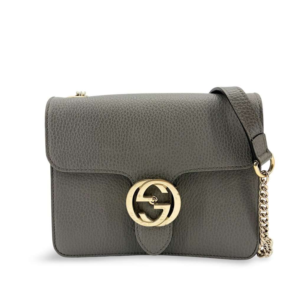 Gucci Interlocking G Chain Shoulder Bag Gray Gold Leather Fair - Front View