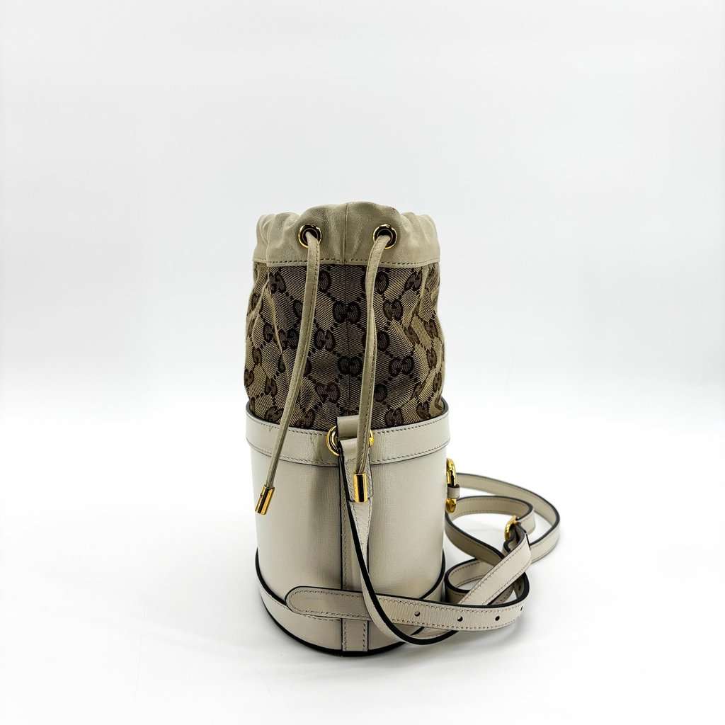 Gucci Horsebit 1955 Small Bucket Bag White Brown Canvas Good - Box View