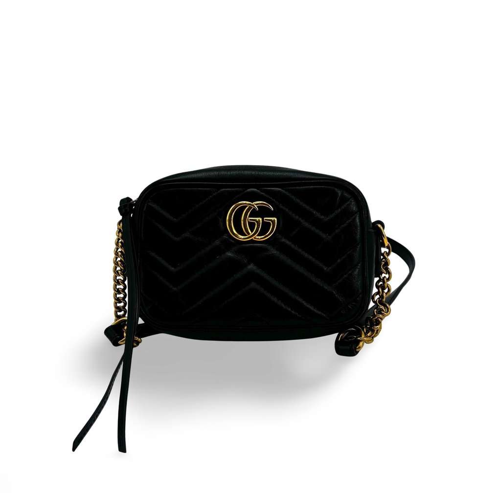 Gucci GG Marmont Small Matelasse Shoulder Bag Black Black Leather Fair - Front View
