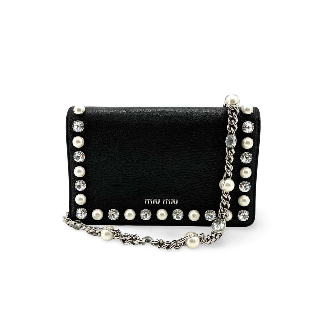 Miu Miu Madras Leather Crystal Pearl Shoulder Bag Black Silver MultiColor Leather Good - Front View