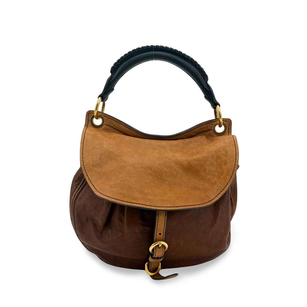 Miu Miu Vintage Hobo Bag Brown Beige Black Leather Good - Front View