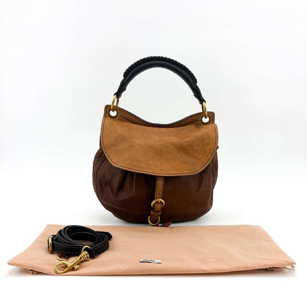 Miu Miu Vintage Hobo Bag Brown Beige Black Leather Good - Back View