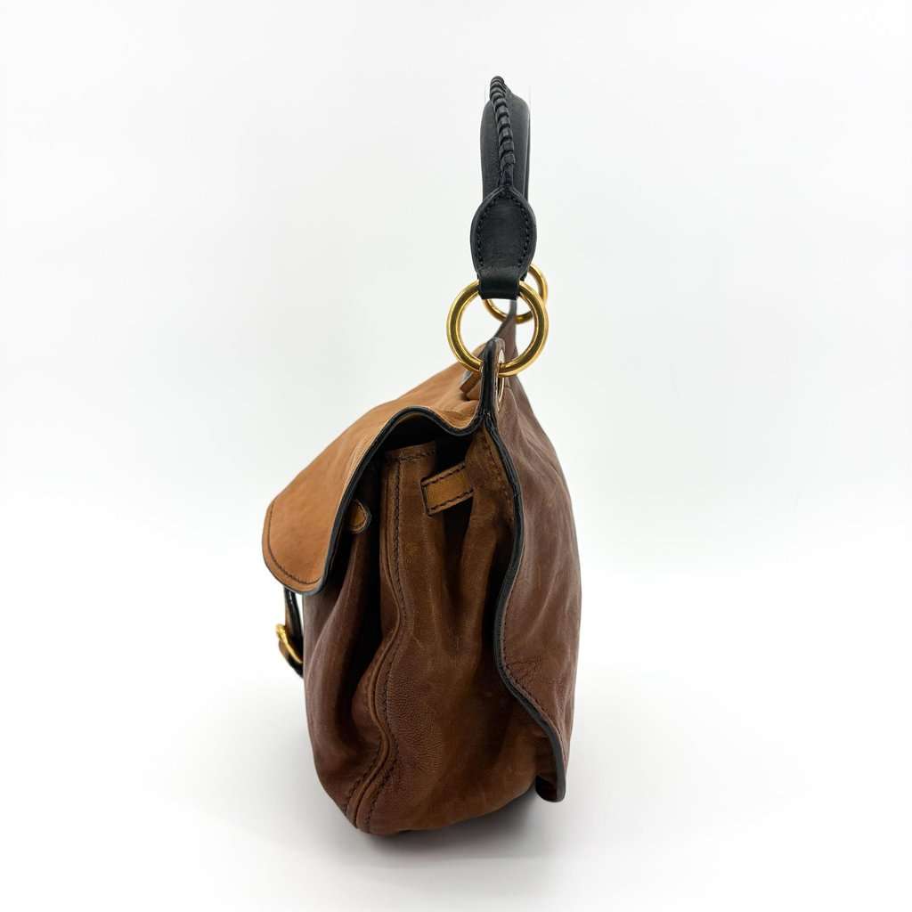 Miu Miu Vintage Hobo Bag Brown Beige Black Leather Good - Model View