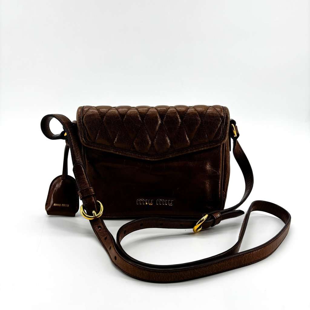 Miu Miu Diamond Quilted Vintage Leather Crossbody Bag Brown Brown Leather Good - Back View