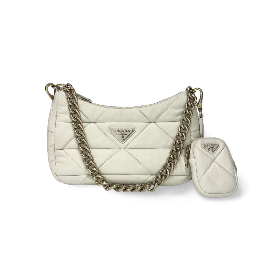 Prada Napa Patch Padded Hobo Bag White Gold Leather Good - Front View