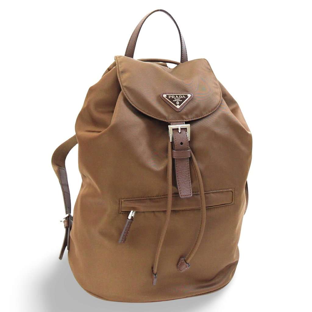 Prada Brown nylon leather triangular backpack Brown Leather Good - Front View