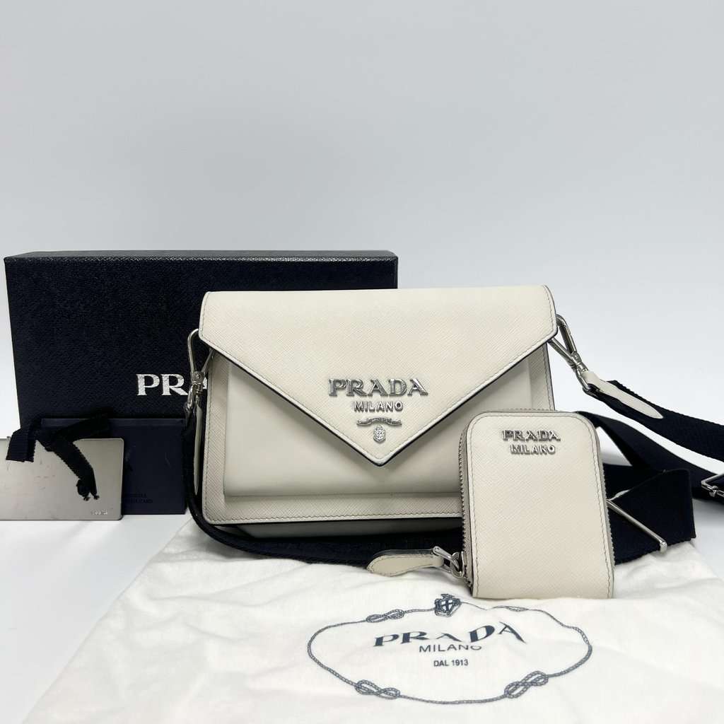 Prada Saffiano Leather Mini Envelope Bag 1BP020 White Leather Good - Back View
