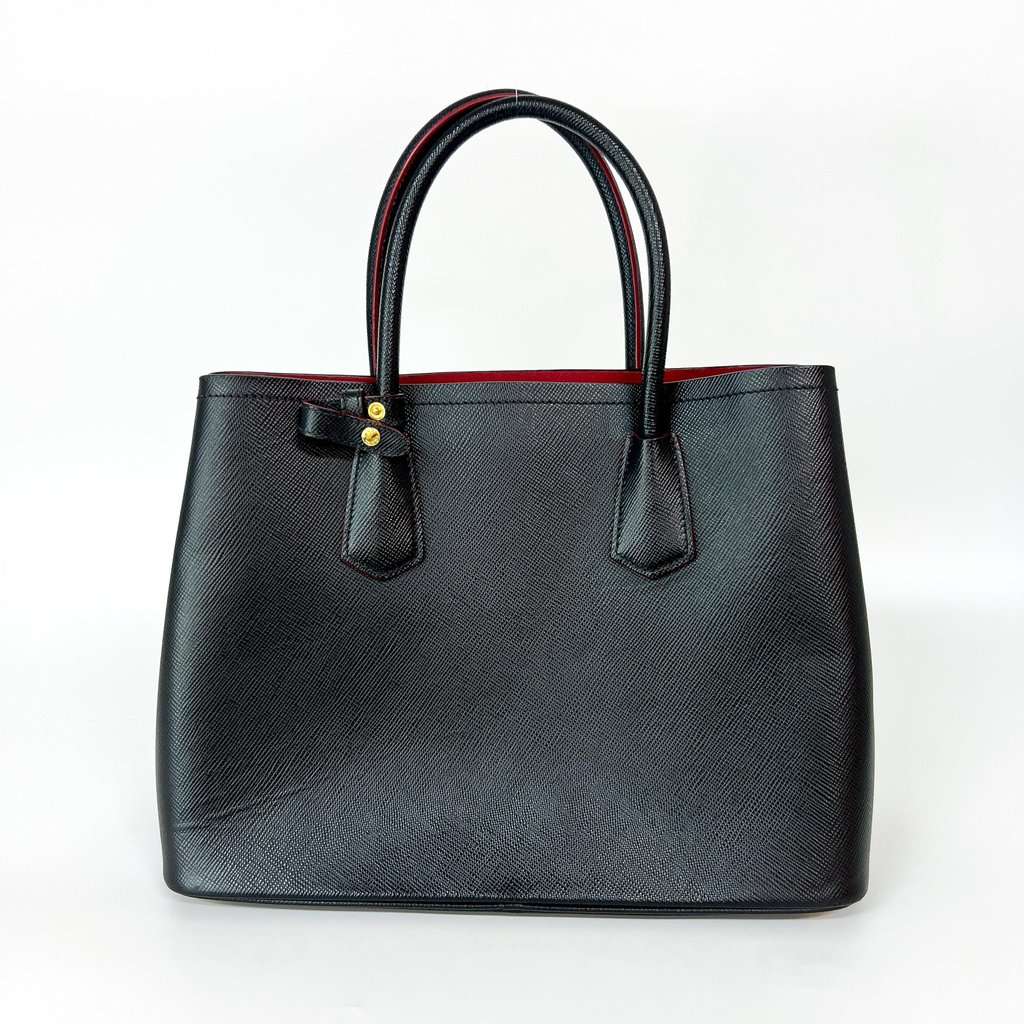 Prada Double Saffiano Leather Medium Black Black Leather Good - Back View