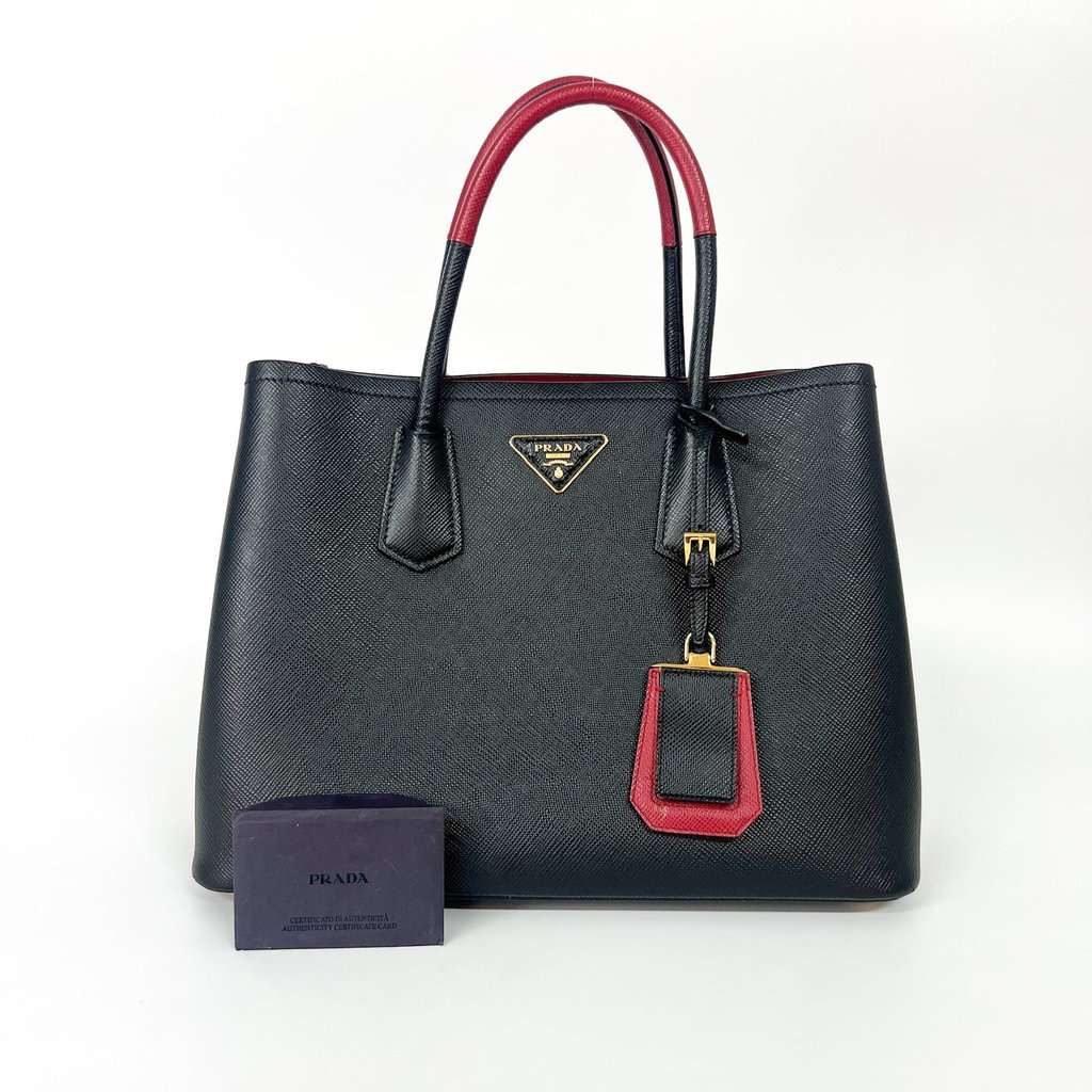 Prada Saffiano Cur Double Bag Medium 1BG775 Black Leather Good - Back View