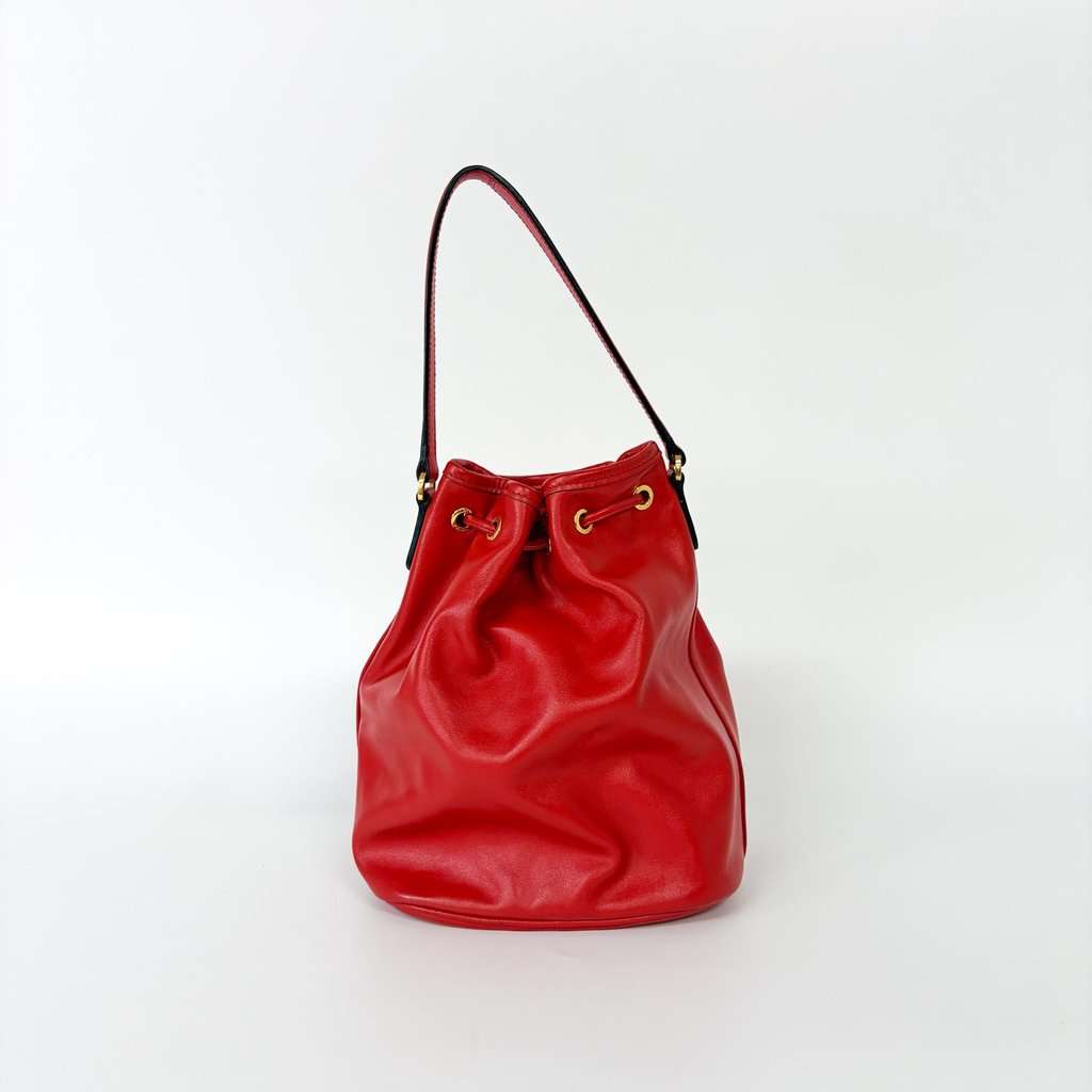 Prada Triangle Logo Leather Bucket Bag Red Gold Hardware Gold Leather Good - Inside View