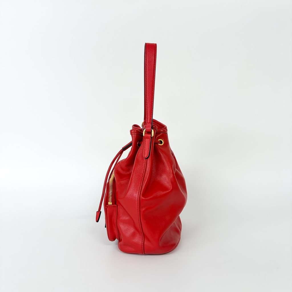 Prada Triangle Logo Leather Bucket Bag Red Gold Hardware Gold Leather Good - Model View