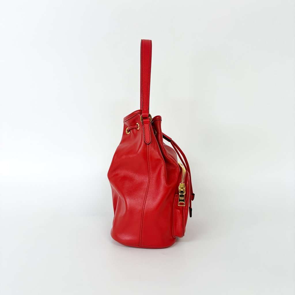 Prada Triangle Logo Leather Bucket Bag Red Gold Hardware Gold Leather Good - Box View