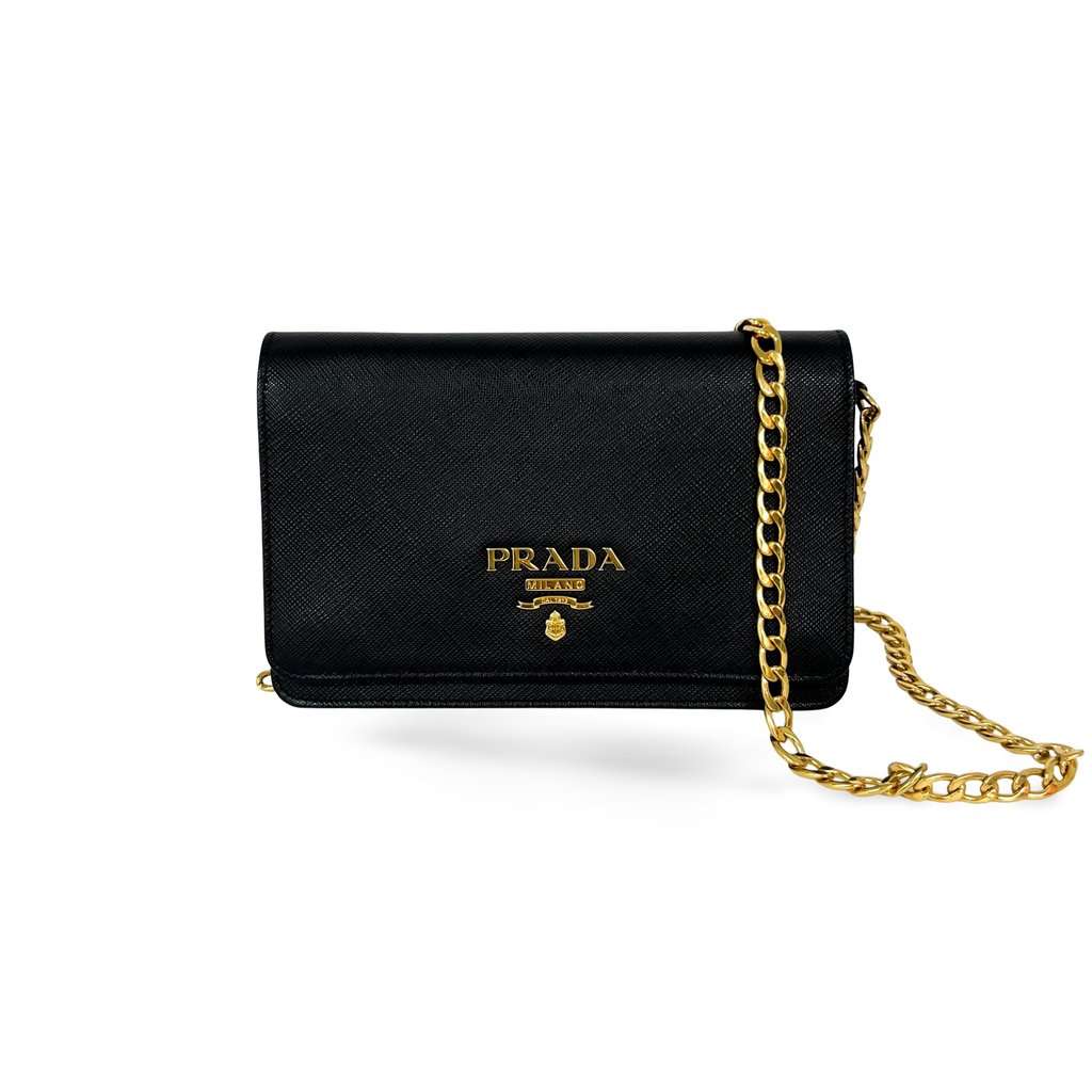 Prada Saffiano leather chain shoulder bag black with gold hardware Black Leather Very good - Front View
