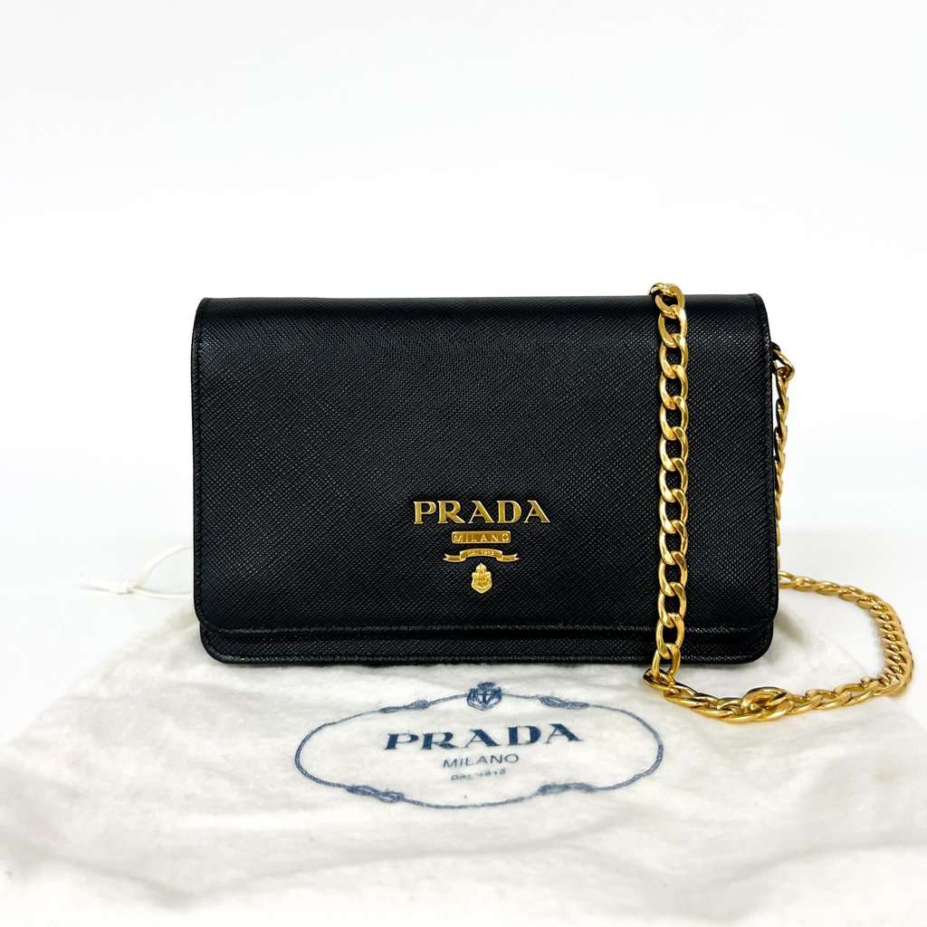 Prada Saffiano leather chain shoulder bag black with gold hardware Black Leather Very good - Back View