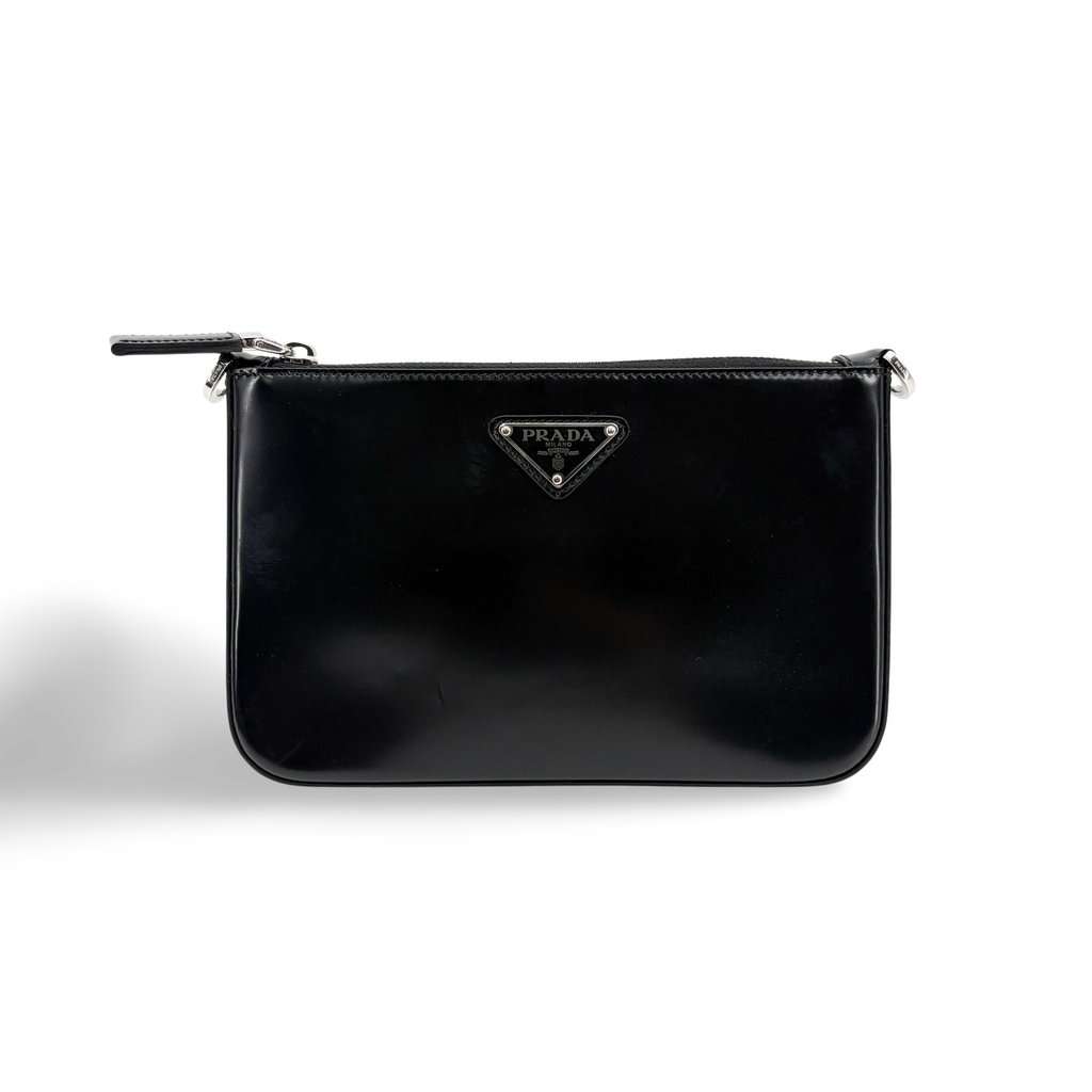 Prada Brushed Leather Triangle Logo Pouch Black Black Leather Very good - Front View