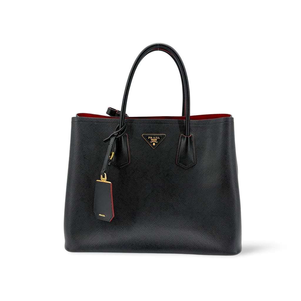 Prada Saffiano Cuir Medium Double Bag Black Red Black Leather Very good - Front View