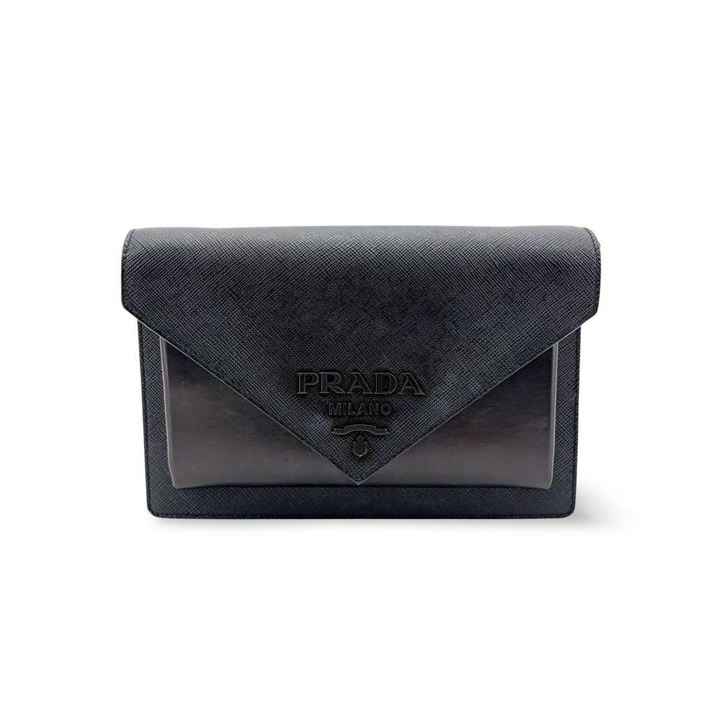 Prada Saffiano Soft Calf Envelope Clutch Black Black Leather Very good - Front View