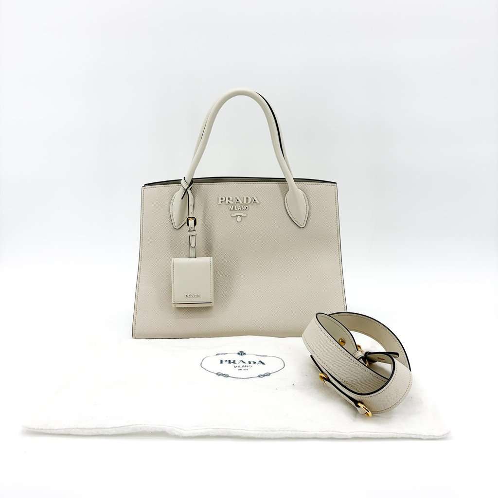 Prada Monochrome Small Saffiano Leather Tote Bag White White Leather Very good - Back View