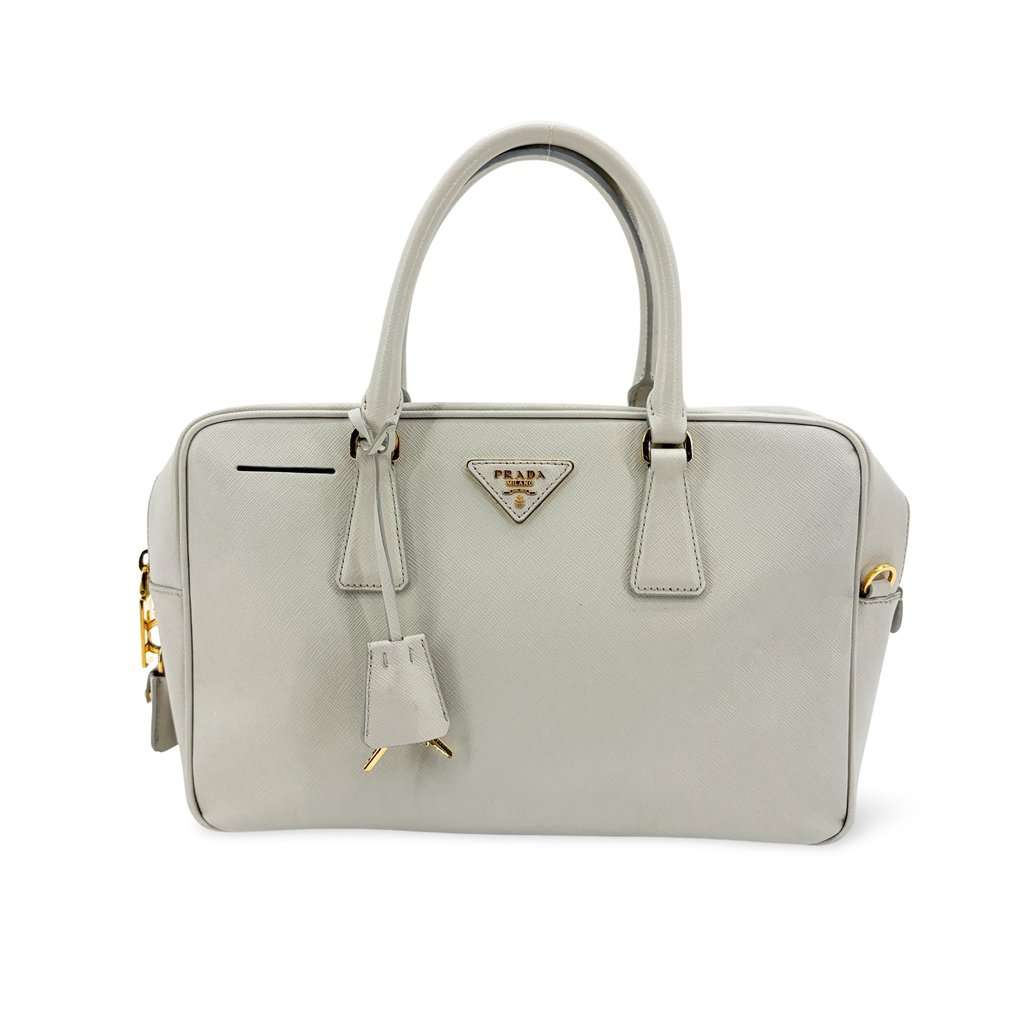 Prada Saffiano Lux Top Handle Bag Talco White Gold Leather Good - Front View