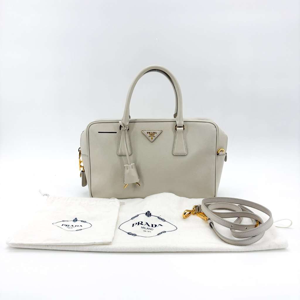 Prada Saffiano Lux Top Handle Bag Talco White Gold Leather Good - Back View