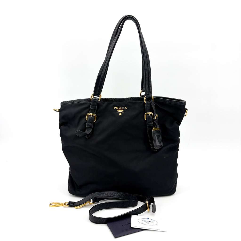 Prada Tessuto Soft Calf Tote Bag Black Black Leather Good - Back View