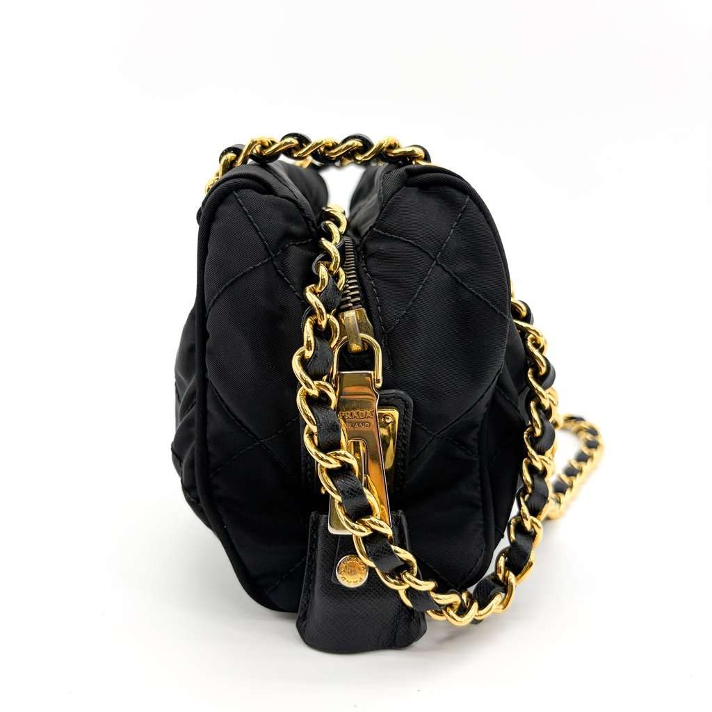 Prada Re-Nylon Quilted Chain Shoulder Bag Black with Gold Hardware Black Polyamide Good - Model View
