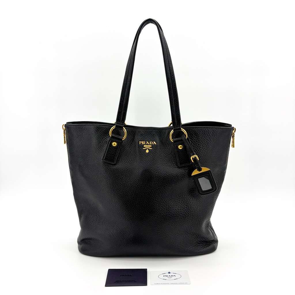 Prada Vitello Phenix Tote Bag Black Gold Hardware Black Leather Good - Back View