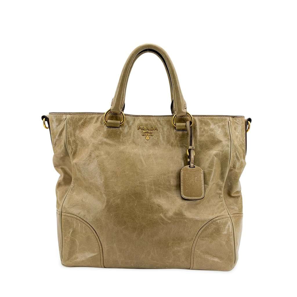 Prada Vitello Shine Tote Bag Khaki Brown Leather Fair - Front View