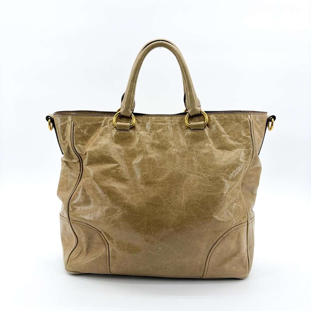 Prada Vitello Shine Tote Bag Khaki Brown Leather Fair - Inside View