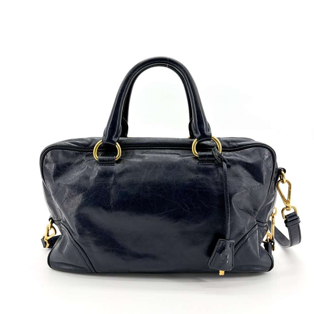 Prada Vitello Shine Boston Bag Navy Gold Hardware Gold Leather Good - Inside View